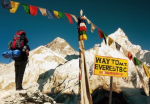 View of Everest and basecamp sign